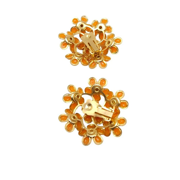 Orange Acrylic Clear Rhinestone Floral Earrings Clip on Gold Tone Vintage - Picture 3 of 4